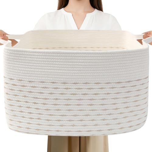 Large Blanket Basket,Woven Rope Basket Storage Bin with Handles,65L Rectangle Laundry Basket for Magazines,Toys,Clothes,Newspaper Shelf Organization,Nursery and Living Room,White&Yellow - color: White & Yellow, size: 21"x16"x12"(65L)