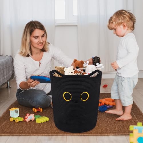 Tall Black Cat Laundry Basket for Nursery, Cute Large Woven Cotton Rope Blanket Storage Basket, Baby 0rganize Blanket Shower Hamper Box with Handles, 53L Clothes Bins, 15"D×18.1"H - color: Black, size: 15 × 18 inches
