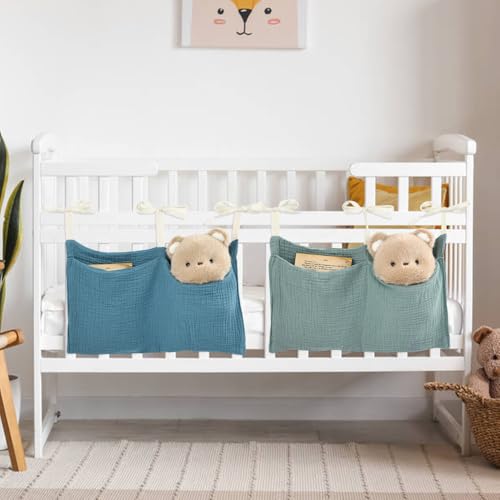 Cinaci 2pcs Cotton Pram Stroller Caddy Baby Crib Hanging Organizers Storage Pockets Nappy Diaper Bags Bedside Pockets for Milk Bottle/Soothing Toys/Wipes (Green Set) - color: Green and Blue Set