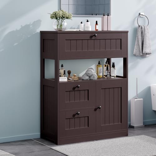 GRUSIGN Bathroom Cabinet, Modern Bathroom Floor Storage Cabinet Organizer with 1 Door and 3 Drawers, Freestanding Cupboard for Kitchen/Living Room Use - color: Brown2