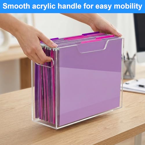 Clear Acrylic Hanging File Organizer Box with Handles, Portable File Folder Organizer for Letter/A4 Size, Desktop Filing Storage Crate for Office & Home - 1 Pack