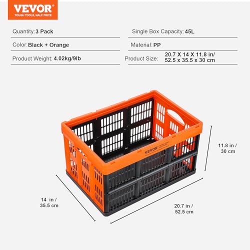 VEVOR Plastic Collapsible Storage Basket, 45L 3 Packs, Folding Stackable Storage Containers/Bins with Handles, Large Heavy Duty Containers for Clothes, Toys, Books, Snack, Shoes and Grocery Organizing - size: 45L-Orange&Black