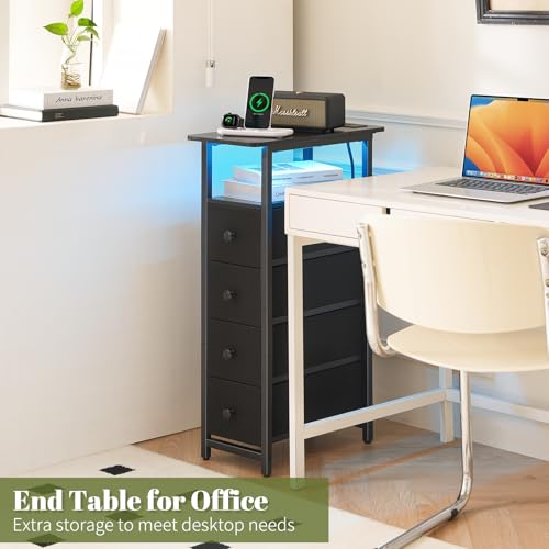 Yoobure LED Narrow Nightstand with Charging Station - Slim Dresser for Bedroom Narrow Side Table Storage Cabinet, Small Dressers Chest of Drawers, Tall Skinny Night Stand End Table for Small Spaces - color: Black