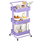 3 Tier Rolling Storage Cart, Metal Rolling Utility Cart with Wheels, Multifunctional Sturdy Organizer for Snack Cart, Craft Art Supplies, Kitchen, Bathroom, Office, Nursery Diaper - color: Purple