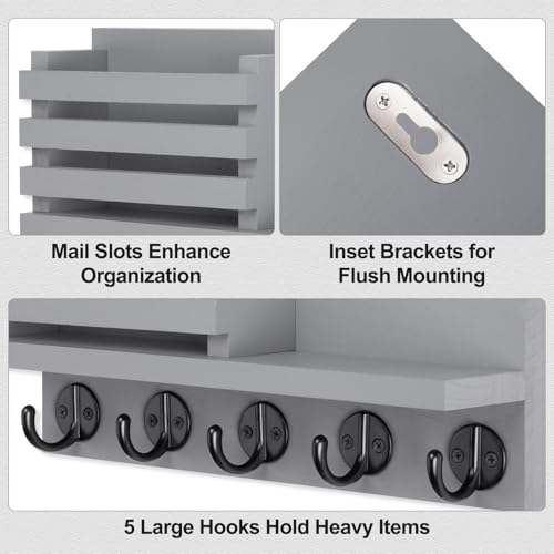 Lwenki Key Holder for Wall – Decorative Wooden Mail Holder and Key Shelf with Mounting Hardware, Installation Guide – Paulownia Wood with Metal Key Hooks (Gray, Large - 11.8inch) - color: Gray, size: Large - 11.8inch