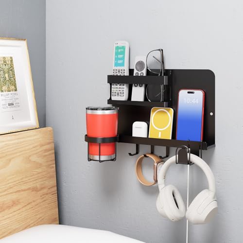 Versatile Bedside Wall Organizer, Floating Bedside Shelves, Wall Mount Essential Accessories for Room Decor, Dorm, Makeup Organizer, Remote Control Holder，Night Stand - color: Black