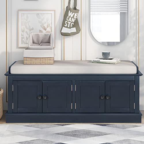 P PURLOVE Farmhouse Storage Bench for Entryway,Wood Storage Benches with Adjustable Shelves,Shoe Bench with Storage and Removable Cushion for Entryway,Antique Navy - color: Antique Navy, size: With 4 Door