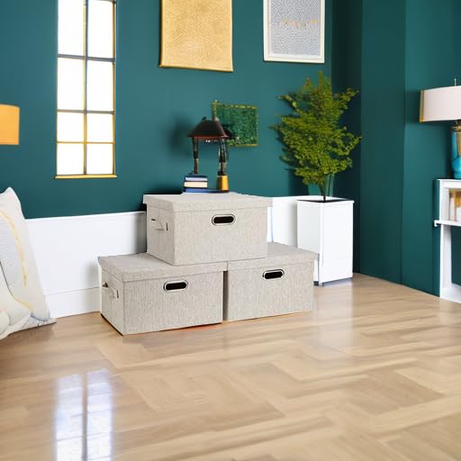 Graciadeco Medium 15" 21 Quart Collapsible Stackable Storage Bins with Lids, 3 Packs Beige Foldable Fabric Closet Boxes Heavy-duty Linen Cube Baskets Container for Bedroom Office (15 x 11 x 8) - color: Beige, size: Medium -3 Pack