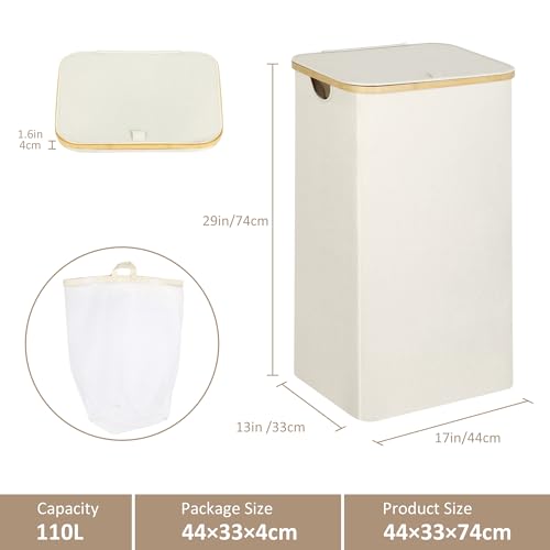 iEGrow Laundry Basket with Lid, 110L Large Laundry Hamper with Handle and Lid, Collapsible Clothes Basket Organizer with Removable Inner Bag for Clothes Toys Towels - Beige - color: Beige, size: 110L