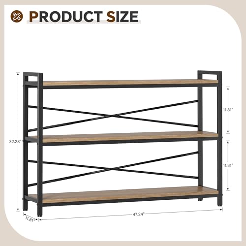 3 Tier Bookcase 47.24" Width, Long Industrial Book Shelf, Vintage Wooden Large Book Shelf for Home Living Room Bedroom Office Storage(Light Coffee) - color: Light Coffe, size: 3 Tier - 47.2" W