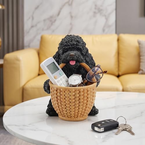 Everyday Carry Valet Tray & Bedside Nightstand Organizer Featuring Black Poodle Holding Basket - Canine Butler Statue for Watches & Pocket Dump Storage - Sleek Modern Desktop Decor - color: Poodle Carrying Basket - Black, size: Poodle