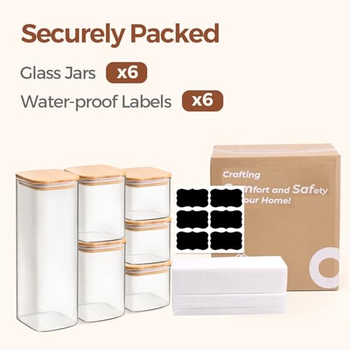 ComSaf Food Storage Containers with Airtight Lids Set of 6, Clear Glass Canister Food Jar with Sealing Lid Kitchen Pantry Storage Container for Spaghetti Pasta Sugar Flour Oat Cereal Beans, Square - size: 0.6Qt*3/0.8Qt*1/1.2Qt*1/2.2Qt*1