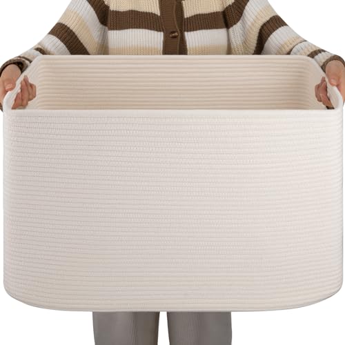OIAHOMY XXLarge Rectangle Blanket Basket-96L, Cotton Woven Basket for Storage, Dirty Clothes Basket for Living Room, Nursery, Bedroom, Toy Organizing with Handle, 24" x 16" x 15", White - color: White, size: 24”x16”x15”