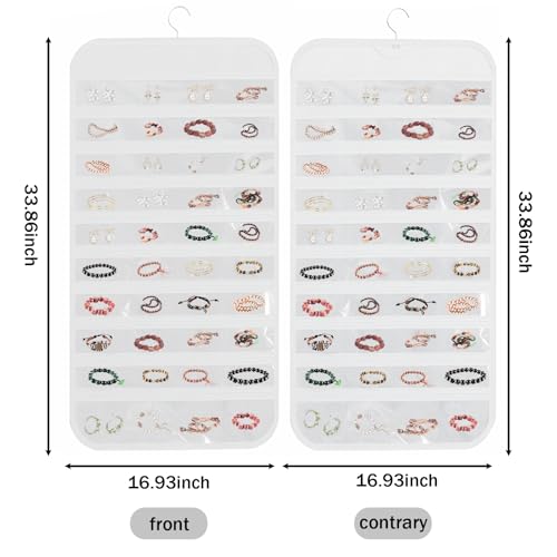 80 Pockets Double-Sided Hanging Jewelry Storage Bag, Transparent Earring, Bracelet, Ring Bag, 33x17 Inch Large Size Fits Wardrobe/Shelf Rod, Travel Portable, Non-Woven(White)