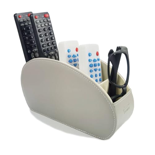 Remote Control Holder Organizer Stable Table Desk Leather Cases Control Storage TV Remote Control Organizer with 5 Spacious Compartments (Grey with Metal Bottom) - color: Grey with Metal Bottom