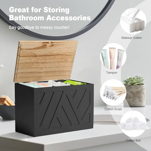 Tampon Holder for Bathroom, Feminine Product Organizer, Pad Organize Case with Lid, Shark Week Wooden Tampon Storage Decor, Lady Girl Stuff Box for Toilet Bathroom Accessories- Black - color: Black