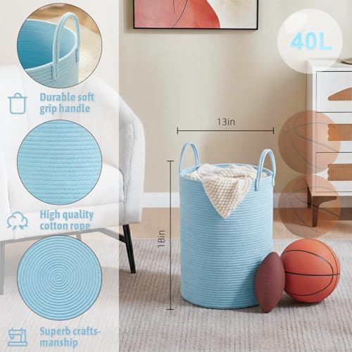 Laundry Basket,Woven Cotton Rope Laundry Hamper,40L for Decor Storage of Dirty Clothes,Toys and Blankets in Bathroom,Baby Room and Living Room - color: Blue, size: 40L
