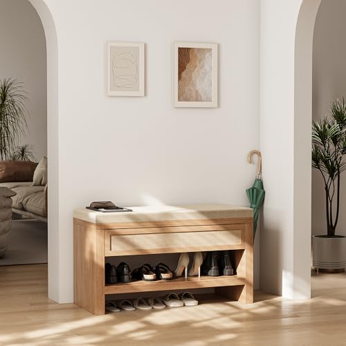 32” Shoe Bench with Storage Drawer, Farmhouse Entryway Bench with Linen Seat Cushion, Wooden Shoe Rack with Shelf for Entryway Hallway Living Room Bedroom, Oak