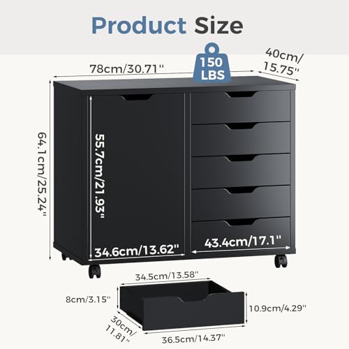 DUMOS 5 Drawer File Cabinet Office Drawers Organizer with Wheels Rolliing, Under Desk Cabinets with Shelves and Door Printer Stand with Wood Board Metal Frame for Home Office Storage Craft Room, Black - color: Black