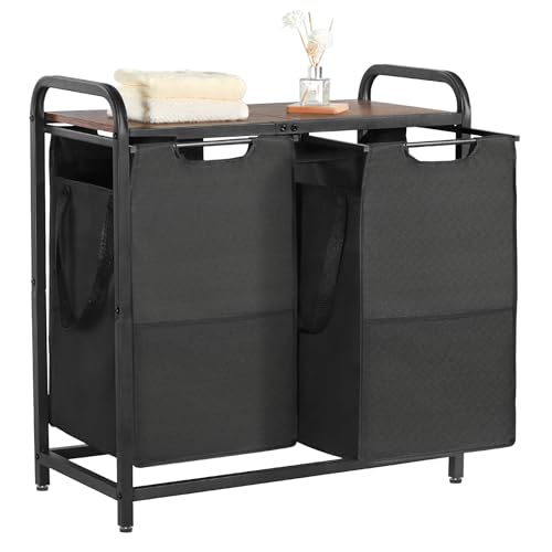 VEVOR 2 Section Laundry Sorter, Large Laundry Hamper with Metal Frame and Wooden Tabletop, Freestanding Storage Organizer Baskets with Pull-Out 600D Oxford Cloth Bags for Dirty Clothes, Bathroom - style: 2 Section