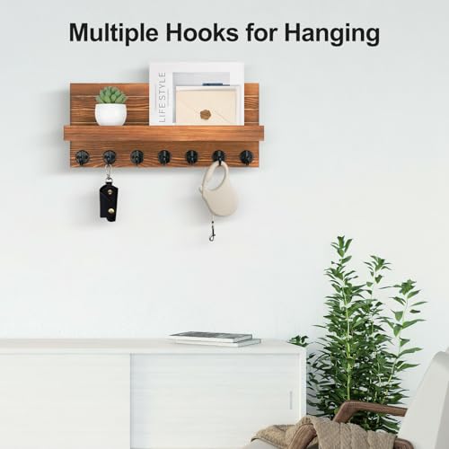 Lwenki Key Holder Wall Mount, Entryway Key and Mail Holder with 7 Sturdy Hooks for Sunglasses, Dog Leash, Decorative Wall Shelf with Mounting Hardware, 15”W x 6.7”H x 4.2”D - color: Burnt Wood