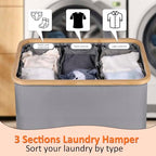 efluky Laundry Hamper with Lid, Trio Laundry Hamper with 3 Removable Bags, 3 Section Laundry Basket with Bamboo Handles for Bathroom, Bedroom & Laundry Room, 160L Silver Grey - color: Silver Grey, size: 160L Trio
