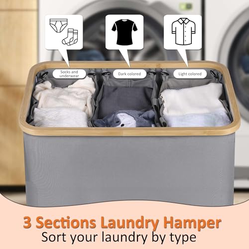 efluky Laundry Hamper with Lid, Trio Laundry Hamper with 3 Removable Bags, 3 Section Laundry Basket with Bamboo Handles for Bathroom, Bedroom & Laundry Room, 160L Silver Grey - color: Silver Grey, size: 160L Trio