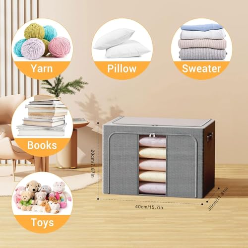Clothes Storage Bins with Metal Frame, Foldable Clothes Organizers Storage Containers for Clothes, Sheets, Blankets, Pillows and Towels (24L, 3 Pack, Deep Grey) - color: dark gray, size: 24L（15.7“X11.81"X7.87")