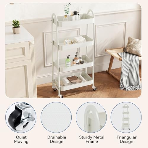 NEWBULIG 4-Shelf Rolling Utility Cart with Locking Wheels, Slim Metal Mobile Storage Organizer Shelf for Small Spaces, Bathroom, Living Room, White - color: White, size: 4-Tiers