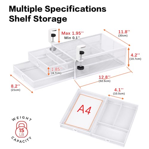 2-Tier Clamp-On Mesh Organizer, Under Desk Storage with Slide-Out Tray, No Drilling Tool-Free Installation, Durable Rust-Resistant Metal, Large-Capacity Organizer. - color: White - 2 Tier