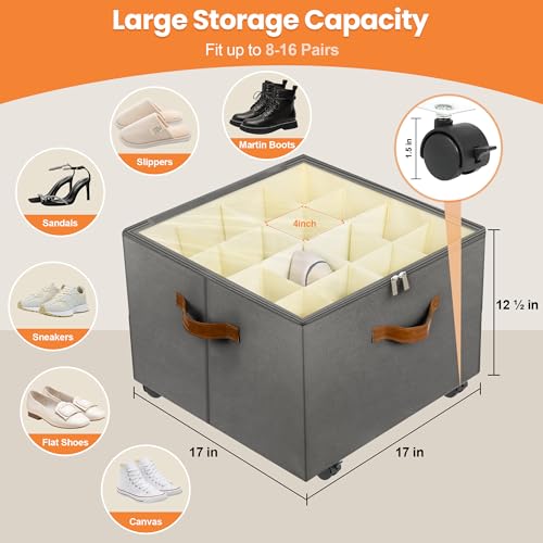Foyego Shoe Organizer for Closet, 2 Pack Shoe Storage Organizer with Wheels and Adjustable Dividers, Stackable Shoe Storage Box with Clear Cover, Closet Shoe Organizer Fits up to 16-32 Pairs, Gray - color: Gray, size: 17"L x 17"W x 12 ½"H-2 Pack