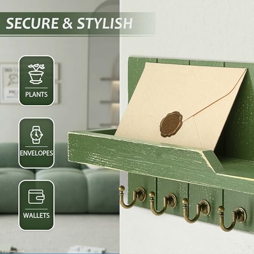 Farmhouse Pine Wood Key Holder Wall Mount - Key Holder for Wall with Floating Shelf Put Mail and Perfume - Rustic Key Hanger for Room Decor Aesthetic and Apartment Essentials (Green,15-inch) - color: Green, size: 15-inch