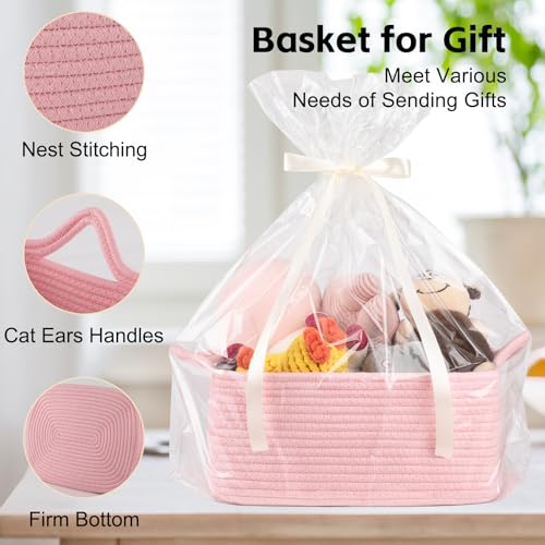 OIAHOMY Woven Basket, Gift Basket Empty with Gift Bags and Ribbons, Rope Baskets for Baby Showers, Storage Baskets with Handles for Nursery, Pet Toy Organizer - Pink - color: Pink, size: Medium: 13.5L*10W*6H