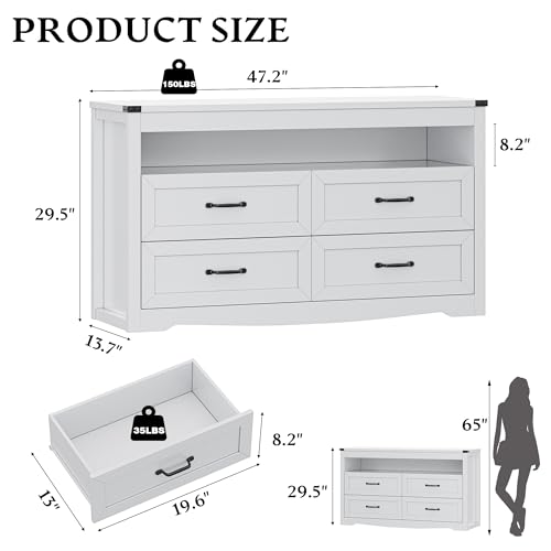 Dresser for Bedroom with 4 Drawers, Farmhouse Chest of Drawers with Natural Texture and LED Lights, Wide Wood Rustic Closet Storage Organizer, Modern Dresser TV Stand for Living Room, Entryway, White - color: White, size: 13.8"D x 47.2"W x 29.5"H (4 Drawe
