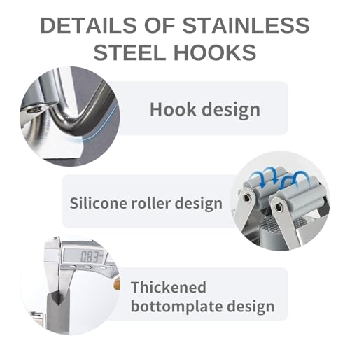 Mop and Broom Holder Wall Mount,Broom Holder Wall Mount,4 Pack Stainless Steel Broom Holders,with Strong Grip, Nail-Free Glue Installation,for Bathroom, Laundry,Office