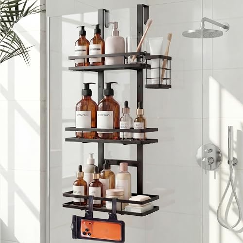 Over the Door Shower Caddy Hanging, Rustproof Shower Shelves with Waterproof Phone Pouch, 3-Tier Adjustable Bathroom Organizers and Storage, No Drilling Shower Shelf, Black Shampoo Soap Holder - size: 3 Tier