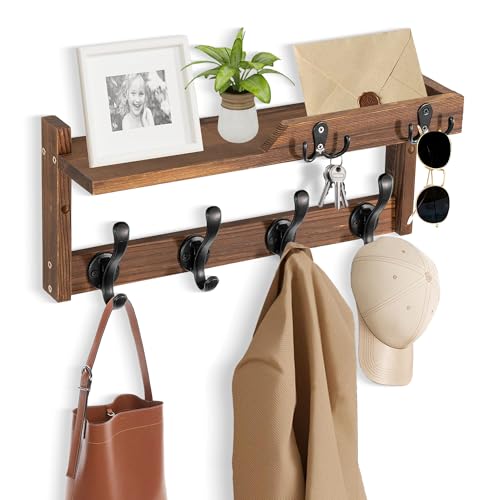 dreampossible Coat Rack Wall Mount with Shelf, Coat Hanger Wall Mount with Key Hooks and Mail Holder, Wood Entryway Floating Shelf with Hooks and Storage, Hat Rack for Wall Key Holder Mail Organizer - color: Brown, size: 16.6 Inch Long