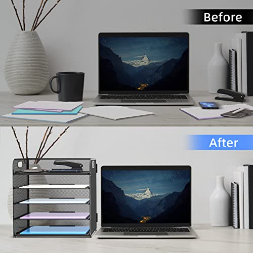 Supeasy 5 Trays Paper Organizer Letter Tray with Handle-Mesh Desk File Holders, Paper Sorter Desk Organizer for Office, Home, Classroom or School - color: Black