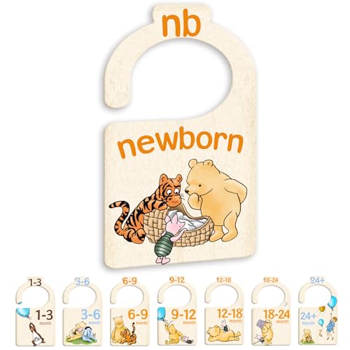 JMOST Pooh Bear Baby Closet Dividers for Nursery Closet Organizer, Newborn to 24 Months Size Clothes, Bear Hangers with Size Dividers, Double Sided - color: honey gold