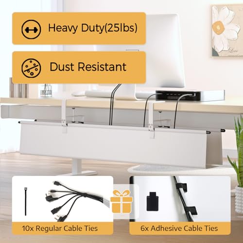 Under Desk Cable Management Tray - 36" Cord Organizer for Desk No Drill, Fabric Under Table Wire Organizer with 16X Cable Ties Hide for Office/Home, Cord Hider Fits Adapters & Sockets, White - color: White, size: 36'' L