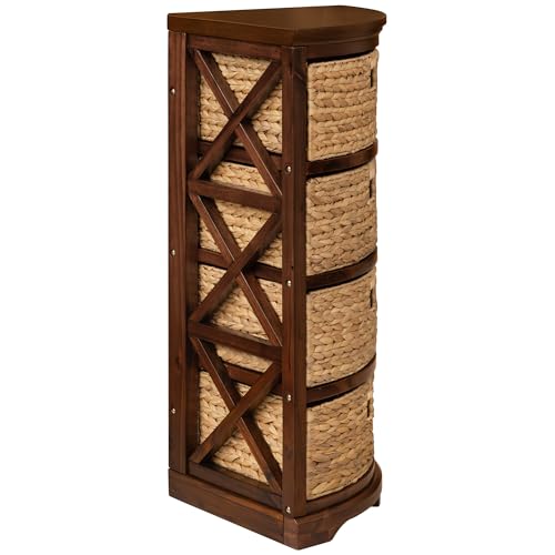 eHemco Hampton Meadows 4 Tier X-Side Corner Table Storage Cabinet with 4 Wicker Baskets, Walnut - color: Walnut, size: 14"D x 14"W x 32.2"H (4 Drawers)