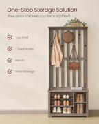 VASAGLE Hall Tree with Bench and Shoe Storage, Coat Rack with Shoe Bench, 7 Double Hooks for Jackets, Hats, Entryway, Bedroom, Living Room, 13.8 x 31.9 x 70.9 Inches, Heather Greige UHSR414G01 - color: Heather Greige