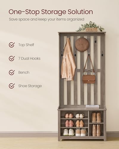 VASAGLE Hall Tree with Bench and Shoe Storage, Coat Rack with Shoe Bench, 7 Double Hooks for Jackets, Hats, Entryway, Bedroom, Living Room, 13.8 x 31.9 x 70.9 Inches, Heather Greige UHSR414G01 - color: Heather Greige