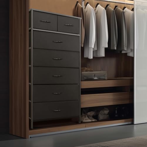 Mifuro Tall Dresser for Bedroom, Vertical Storage Organizer Tower with 7 Drawers, Chest of Drawers with Fabric Bins, Steel Frame, Wood Top for Bedroom, Closet, Entryway- Black - color: Black, size: 7 Drawers