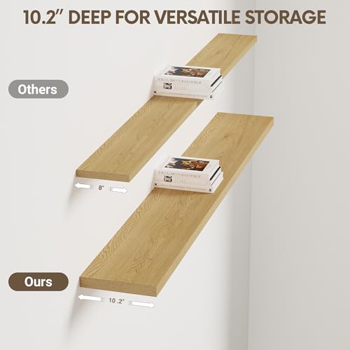 Vivelove 10" Deep Floating Shelves with Invisible Brackets, 55" Wall Shelves for Bathroom Bedroom Kitchen Living Room Laundry Room, Modern Rustic Shelves for Home Decor, 55"x10.2"x1.5", Set of 2, Oak - color: Oak, size: 55”Wx10.2”Dx1.5”H