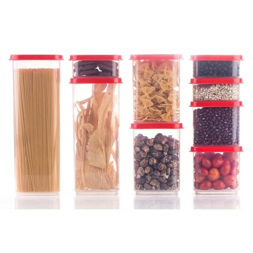 8300ml Airtight Food Storage Container With Lids 9PCS Family Set, BPA-Free Food-grade Plastic Stackable Leak-proof Kitchen Pantry Organizers for Pasta, Nuts, Dry Goods, Snack,Modular Design (Red) - color: Red