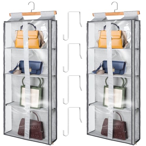 Silkfly 2 Pack Hanging Purse Organizer for Closet Clear Handbag Storage Hanger with Zipper Holder over The Door Wardrobe Tote Bag Storage Holder for Bedrooms Living Room(Gray) - color: Gray