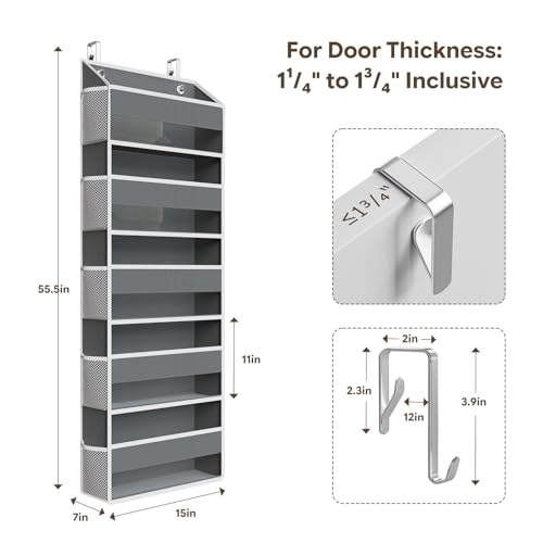 Simple Trending Over The Door Organizer, 5 Large Pockets and 10 Mesh Side Pockets with Clear Window for Bedroom, Bathroom, Pantry and Nursery, Dark Grey