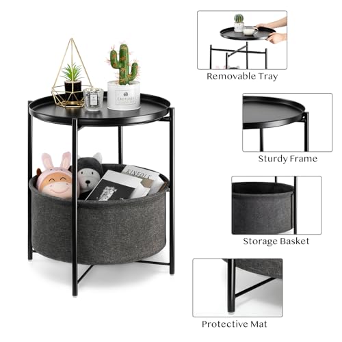 danpinera Round Side Table with Fabric Storage Basket, Metal Small Bedside Nightstand Removable Tray Top for Living Room, Bedroom, Nursery, Laundry, Ink Black - color: Ink Black