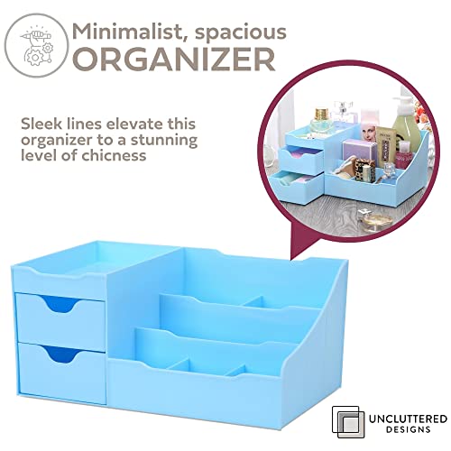 Uncluttered Designs Makeup Organizer With Drawers - Modern Countertop Storage for Cosmetics - Chic Vanity Holder for Cologne, Skincare, Brush, Lipstick, Nail Polish Organization & Display (Blue) - color: Pastel Blue